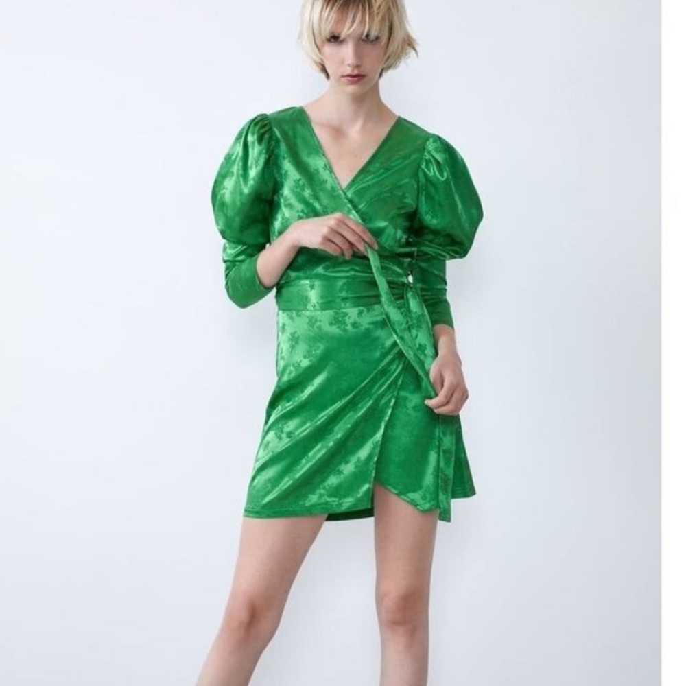 ZARA Satin Floral Green Mini Wrap Dress NWT